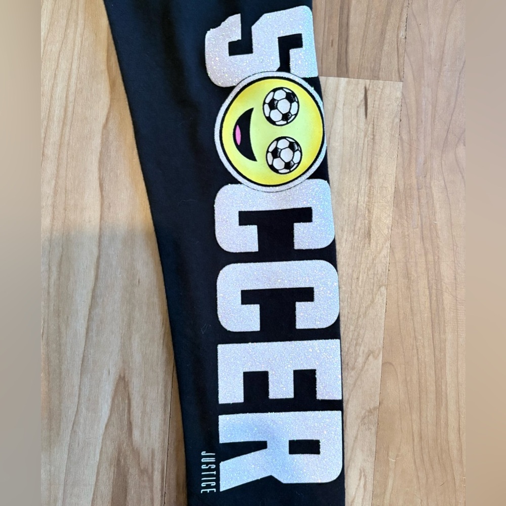 Justice Soccer Leggings, Black with Glitter Decal and Peach Waistband, Size 12 - Picture 4 of 5